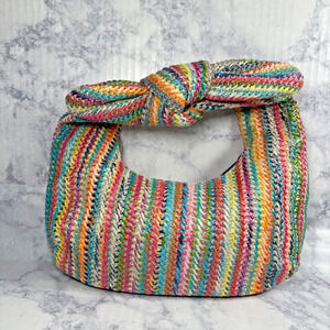 Knotted Ratan Burlap Straw Shoulder Purse Bow Summer Beach Bag Rainbow Colorful